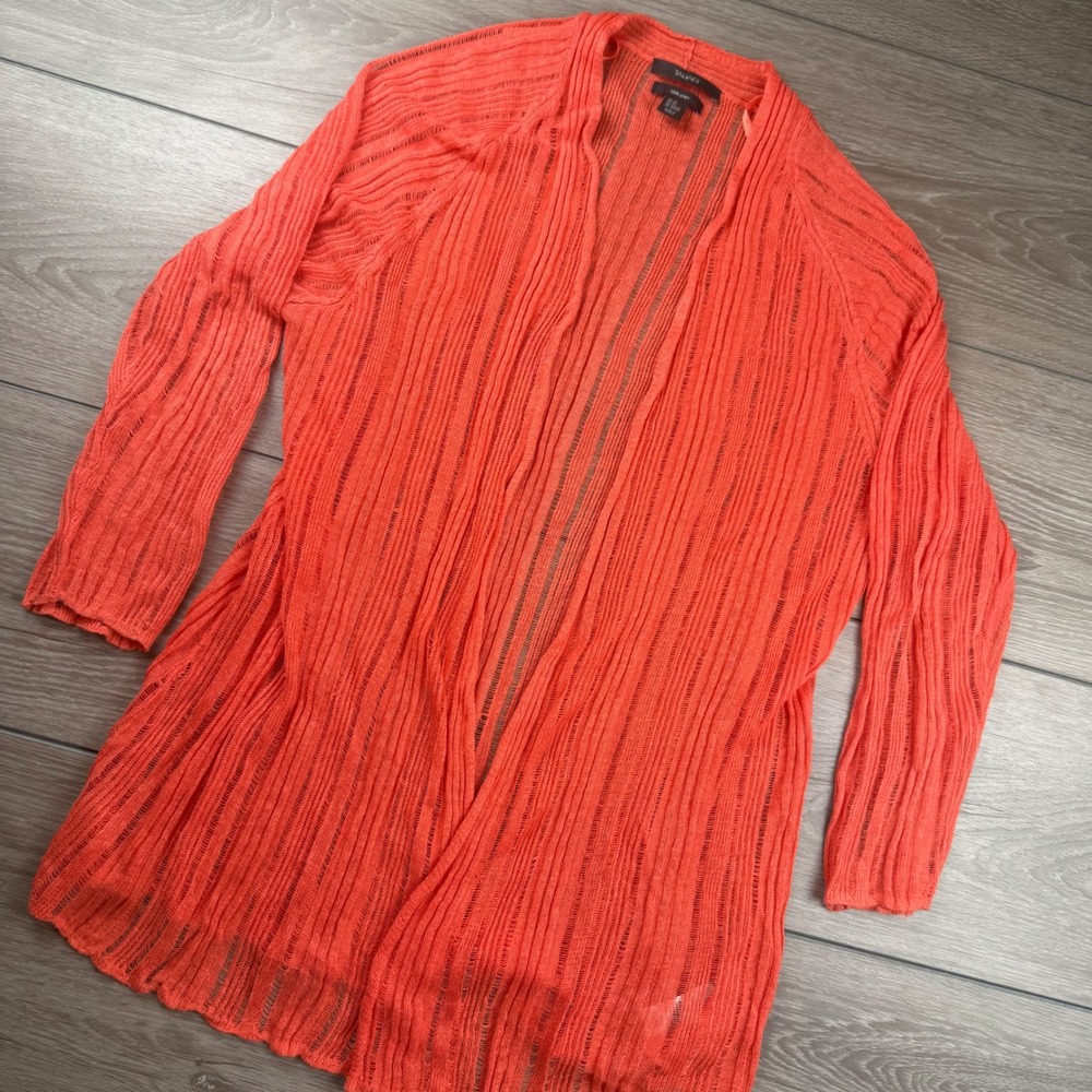Tahari Women Cardigan Open Front Sheer Knit Linen Coral Orange 2X